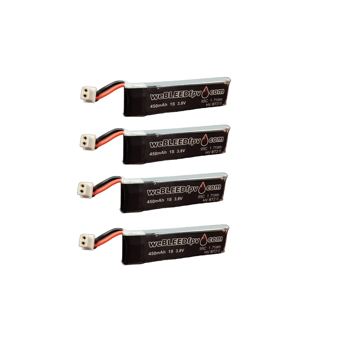 weBLEEDfpv 450mAh 1S 95C HV LiPo Whoop Battery 4 Pack - Choose Connector — BT2.0 Pigtail