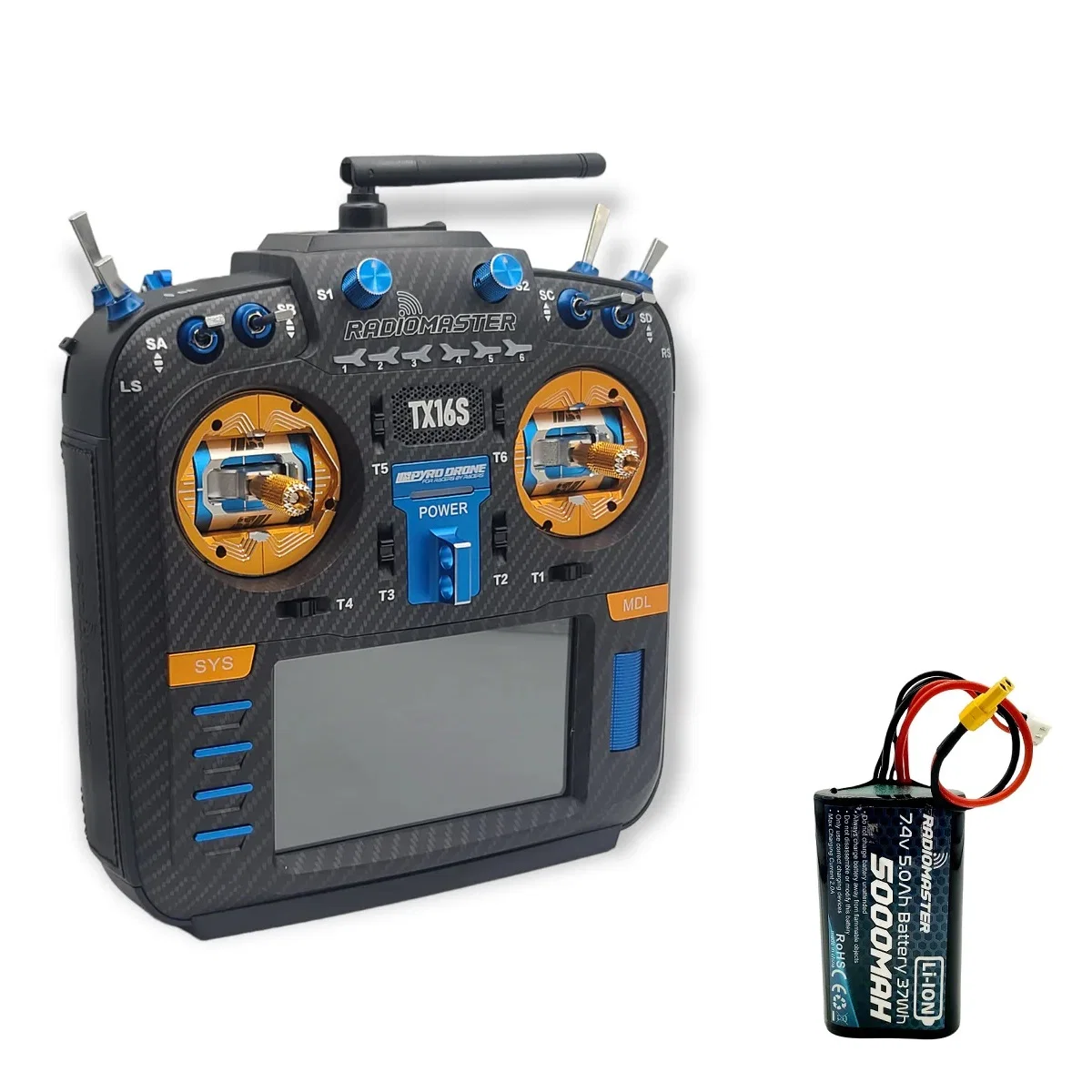 RadioMaster TX16S MKII MAX AG01 Pyrodrone Edition - Carbon Face Plate, Pyro AG01 Gimbals, Blue/Orange CNC parts, Black Leather Grips & 5000mAh 2S Li-Ion Battery - Choose Protocol — 4-in-1