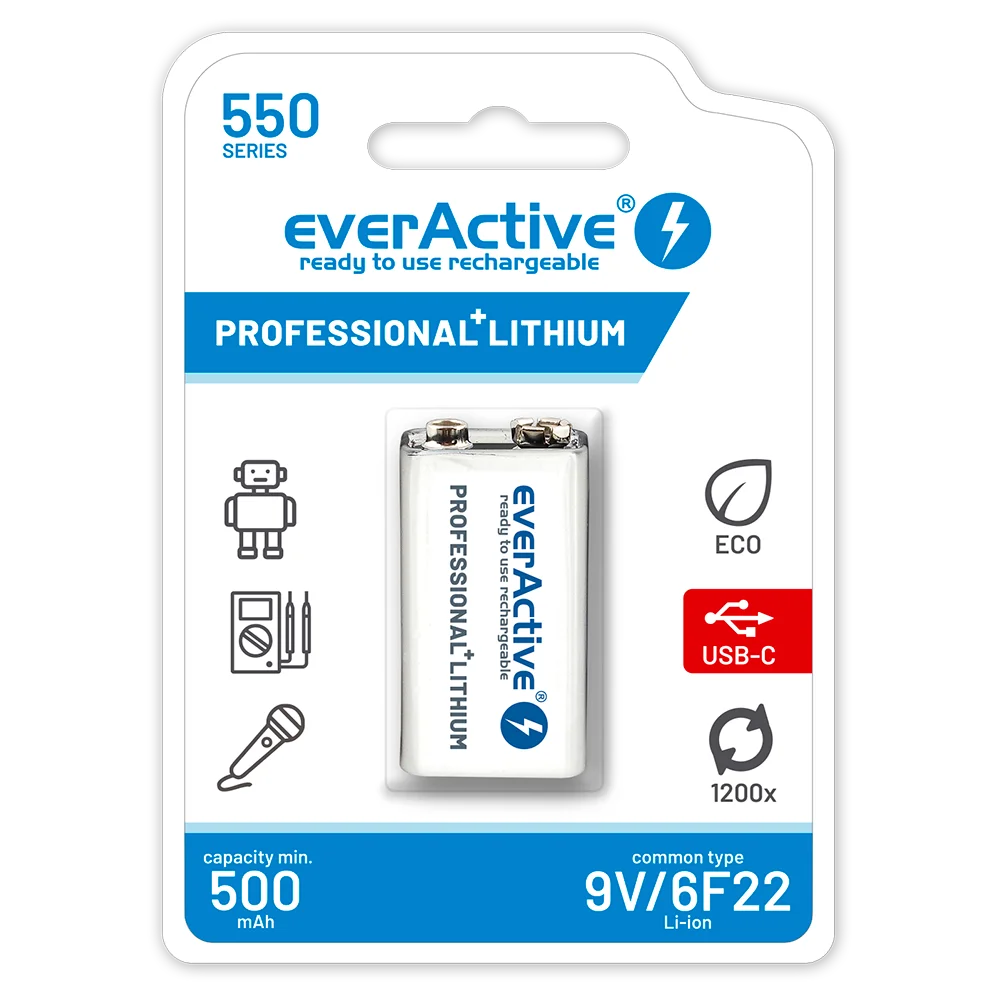 Akumulator everActive 6F22/9V Li-ion 550 mAh z USB TYP C